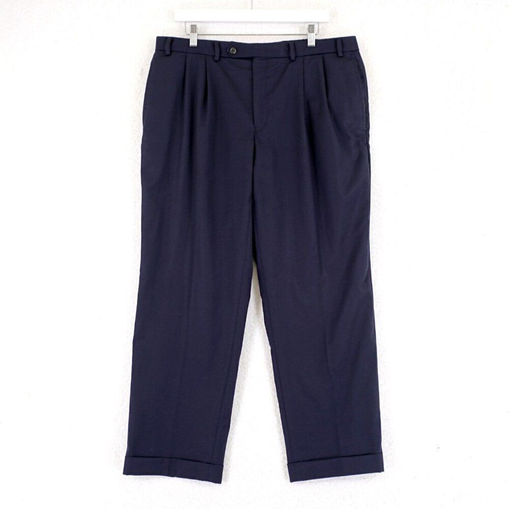Lauren Ralph Lauren Super 100s Wool Blue 36/29 Dress Pants Mid Rise Pleated Cuff
